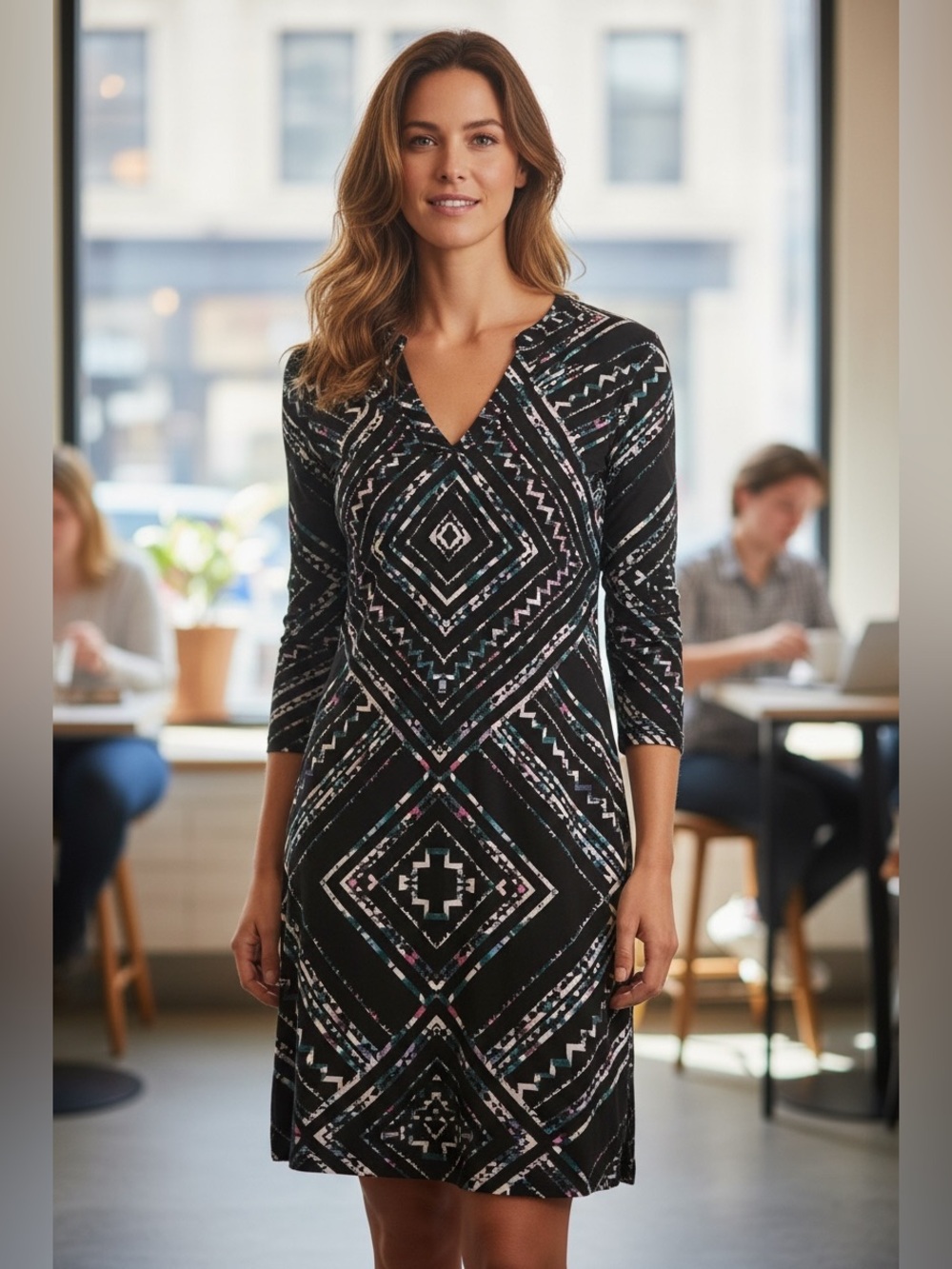 Banana Republic Black & White Geometric V-Neck Long Sleeve Dress